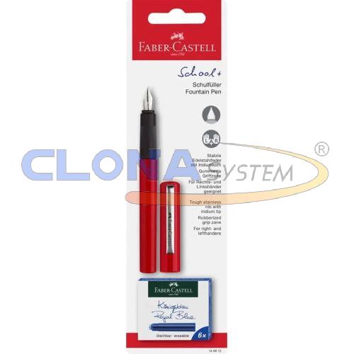 Blister 1 penna stilografica scolastica Faber-Castell fusto rosso + cartucce inchiostro blu